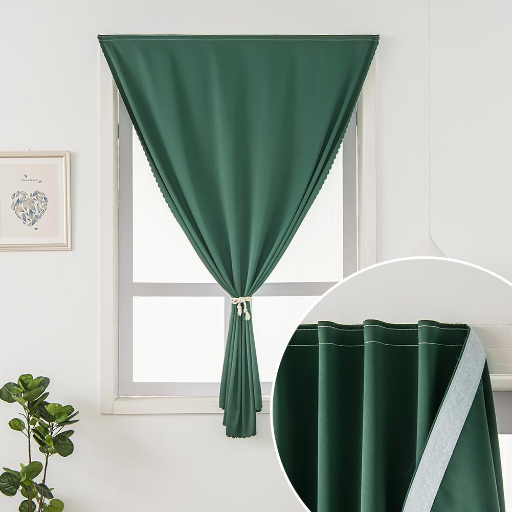 Blackout Curtains for Bedroom Stick On Curtains Window Shades Pull Down Blackout Window Cover No Drillng Self Adhesive Curtains No Rod Small Curtain 47" W X 79" L, Dark Green, 1 Panel