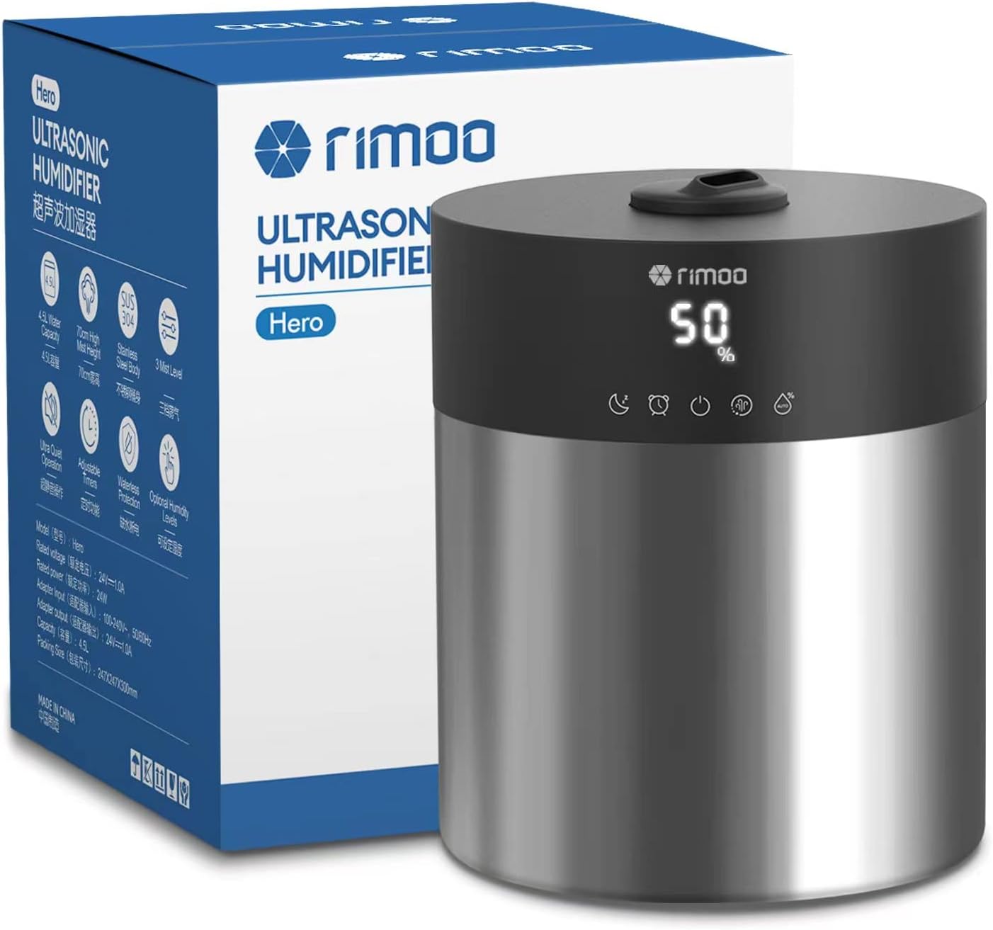 4.5L Humidifiers for Bedroom Large Room, Ultrasonic Cool Mist Humidifier with Stainless Steel Tank for Boiling Cleaning, Top Fill Humidifier with Smart Humidistat & Timer, Sleep Mode