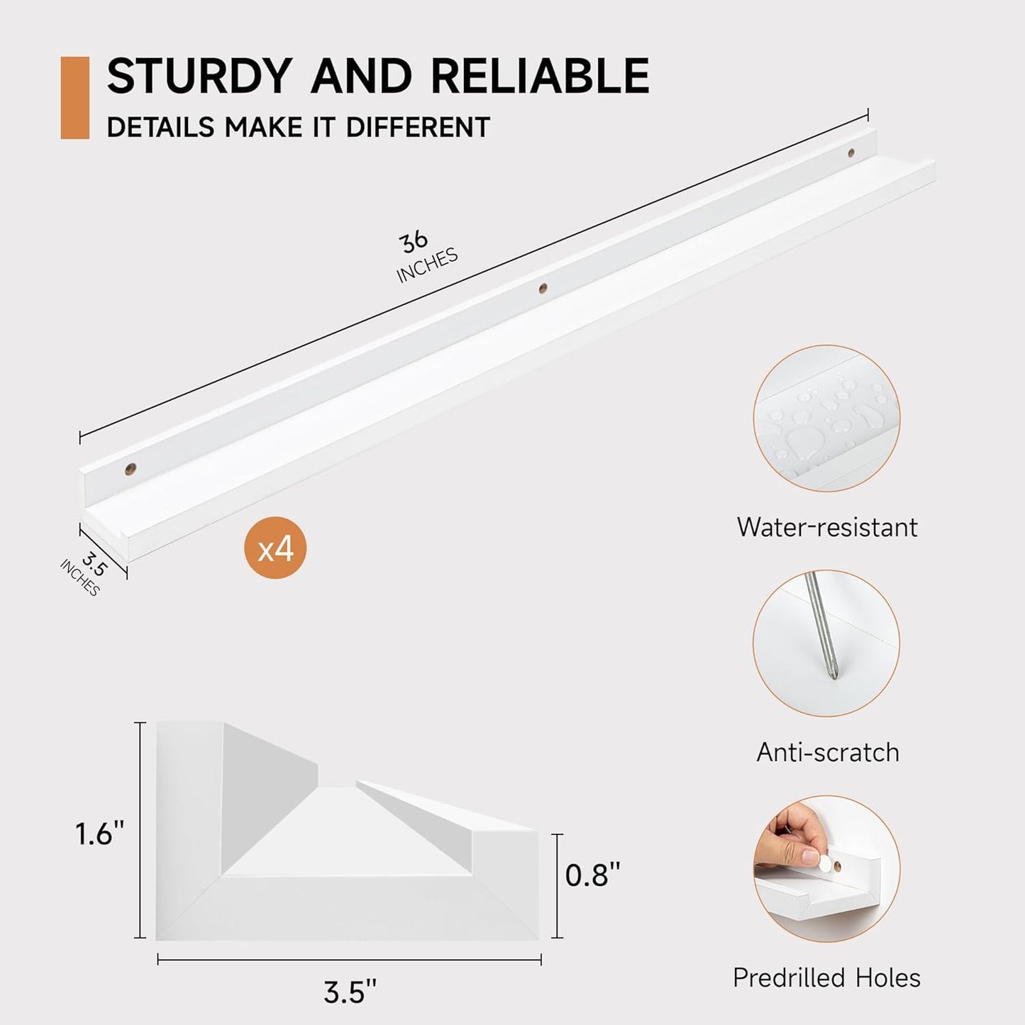 Picture Ledge Shelf for Wall, Floating Shelves Set of 4, 36 Inch Long Nursery Book Shelves for Toys Storage, Kids Bookshelf Wall Mounted for Books Photo Frames, White