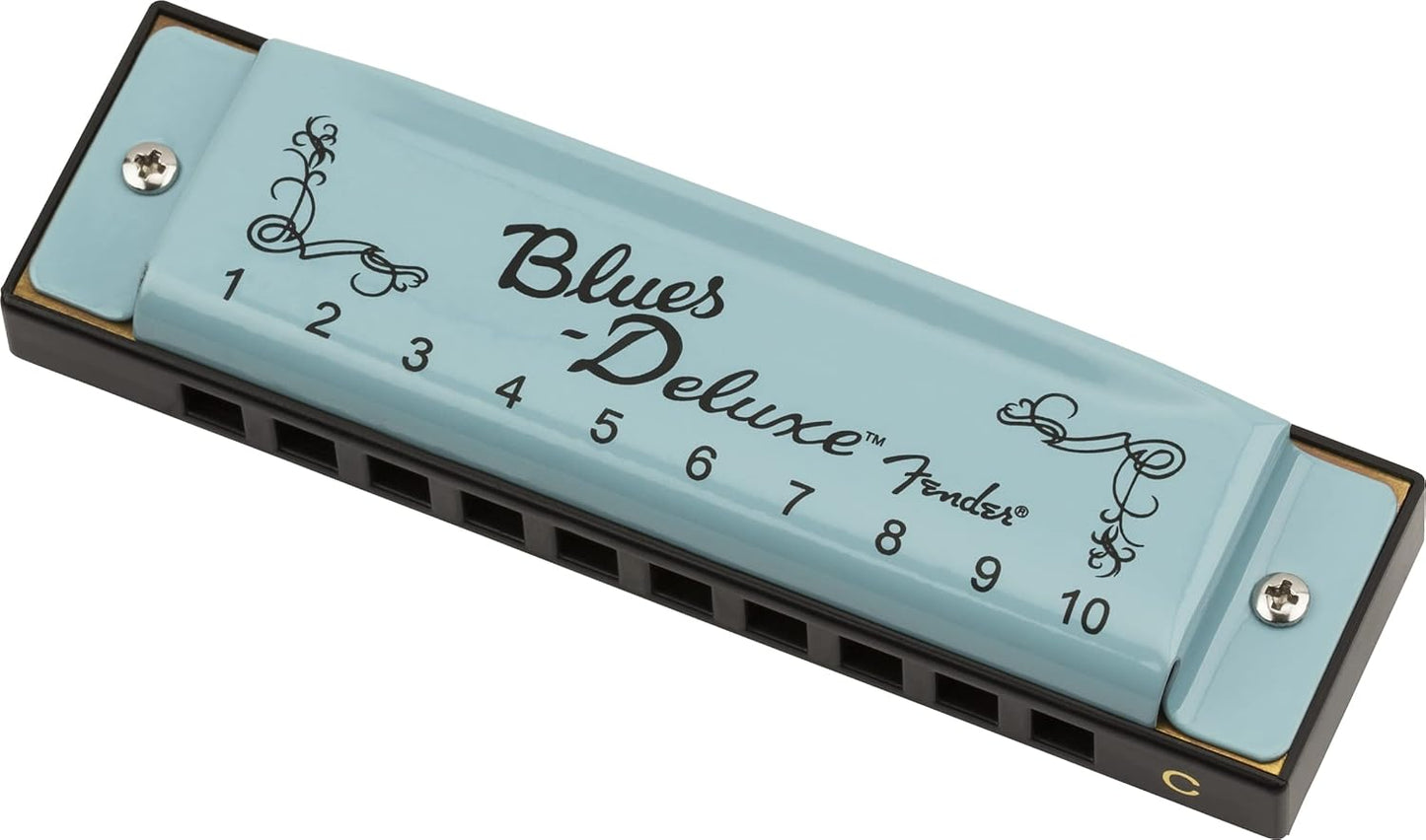 Fender Blues Deluxe Harmonica, Stocking Stuffers, Guitar Accessories, Key of C 10 Holes, Includes Hard Plastic Carrying Case, Daphne Blue
