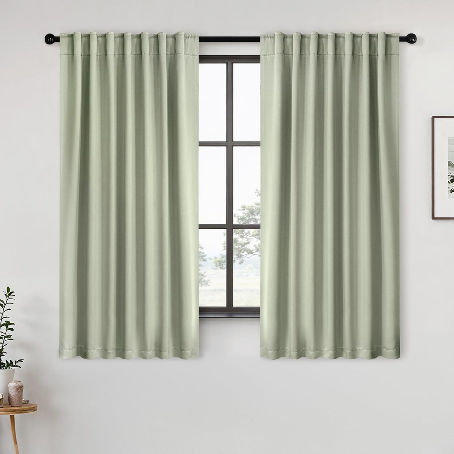 ANRODUO Sage Green Room Darkening Curtains 63 Inches Long Thermal Insulated Window Treatment Panels Back Tab Rod Pocket Blackout Green Curtains for Bedroom Living Room