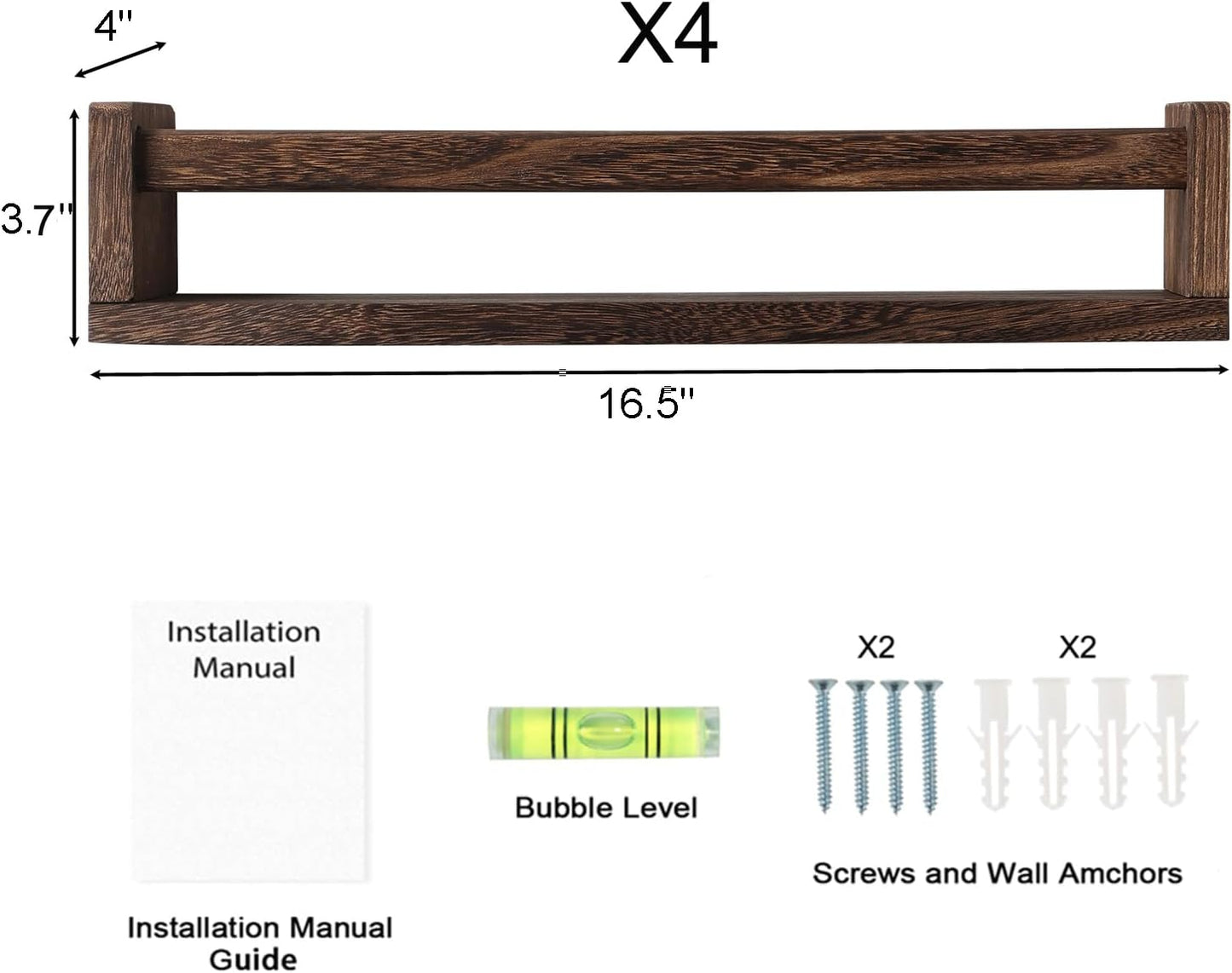 Nursery Room Shelves Set of 4, Wood Floating Book Shelves for Kids Room, Baby Book Shelf for Nursery, Kitchen Spice Rack (Carbonized Brown)