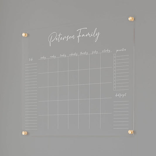 Personalized Clear Acrylic Calendar for Wall, Calendar Whiteboard for Wall, Dry Erase Wall Calendar, Wall Calendar Organizer System for Home (Cursive, White, 31"W x 23"H)