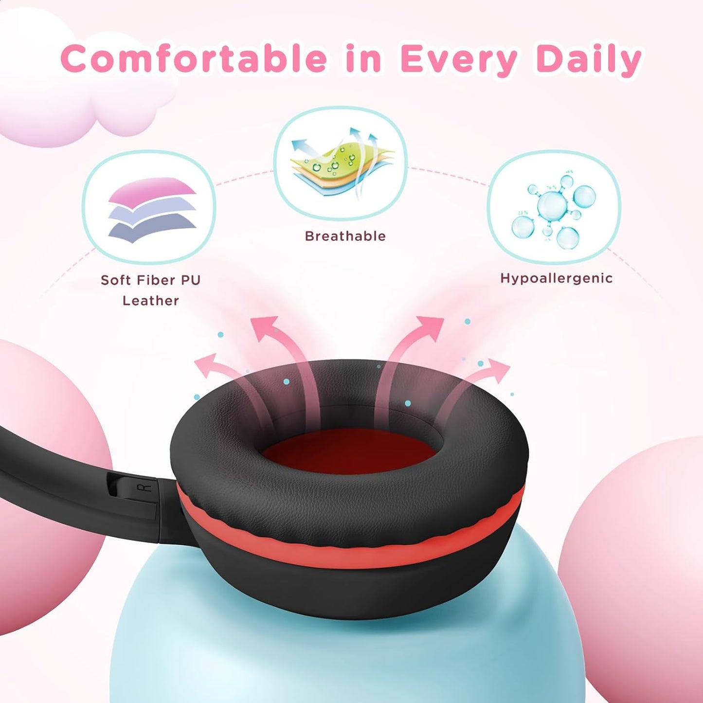 Kids Headphones Wired with Microphone, Over Ear 85/94dB Volume Limited Headphones with Share Port, Stereo Sound Foldable Headset for Teens/Boys/Girls-Black Red