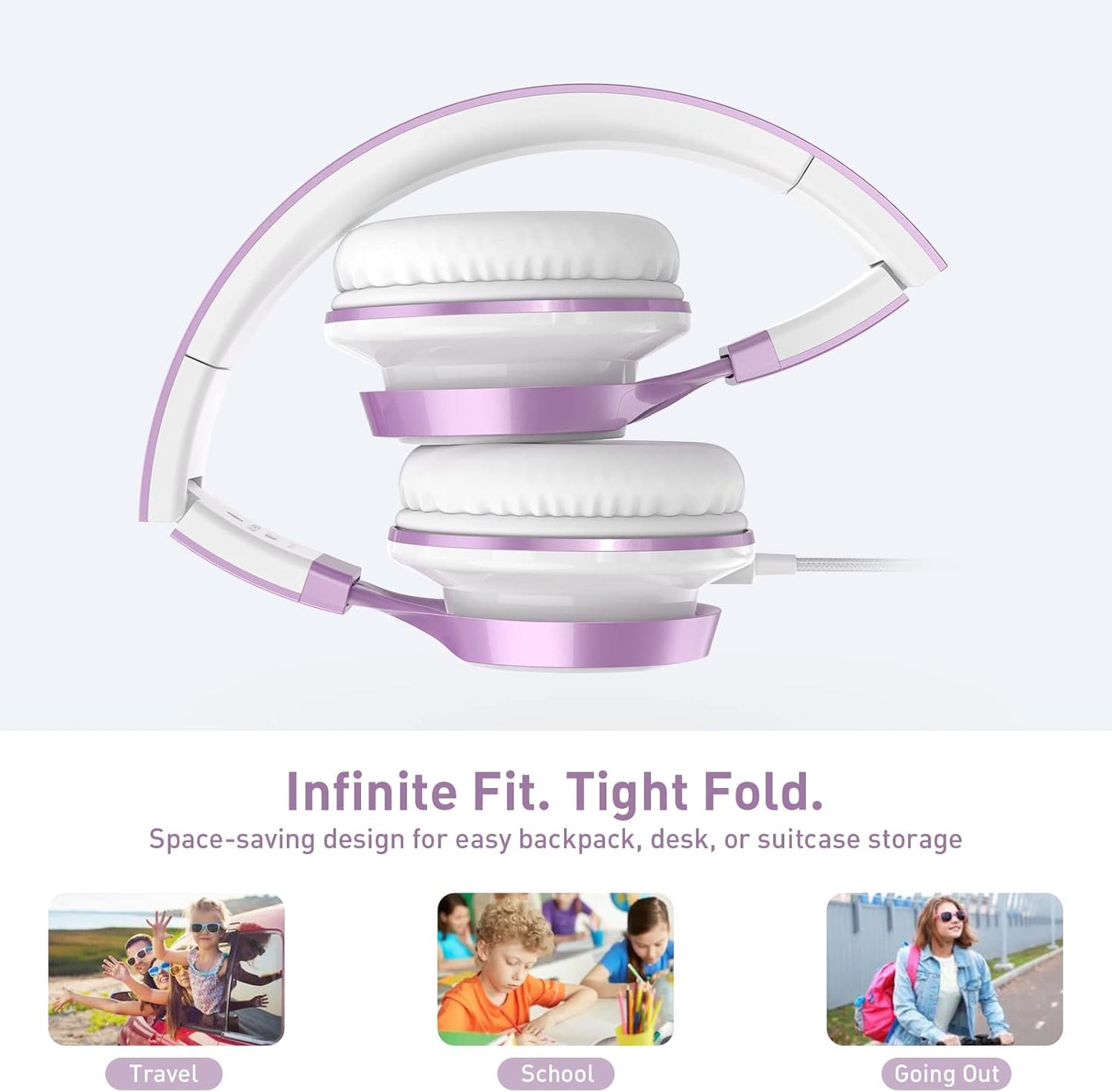 AILIHEN MS300 Purple Girl Headphones Wired with Microphone for Chromebook Laptop Computer, 3.5mm Foldable Lightweight on-Ear Headphones for School Teen Students