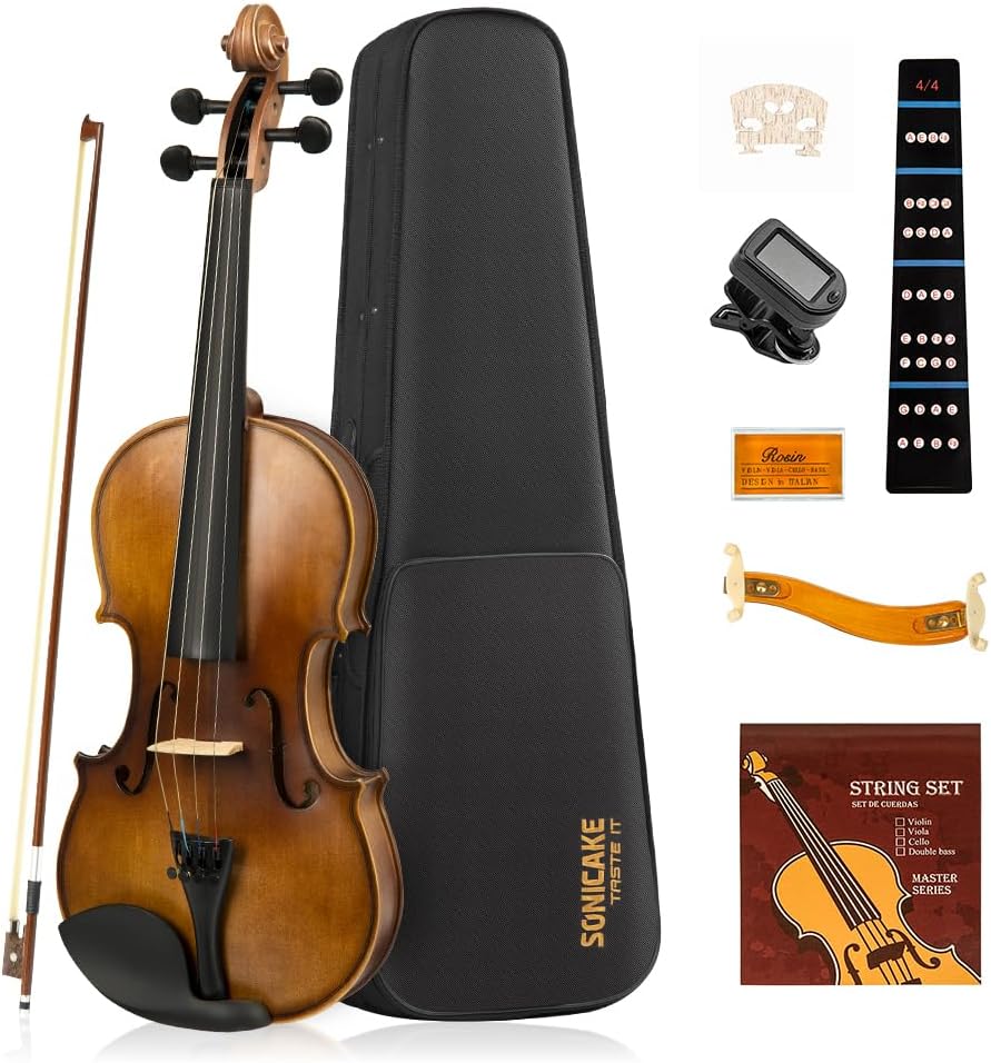 SONICAKE Violin 4/4 Full Size Set, Fiddle Solidwood for Beginners Adults, Acoustic Violin with Hard Case, Shoulder Rest, Rosin, Two Bows, Clip-on Tuner and Extra Strings, QVL-01