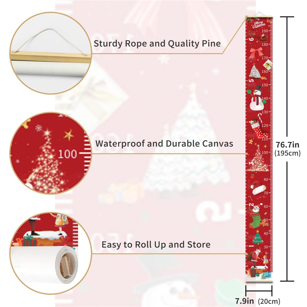 Christmas Decorations, Growth Chart for Wall, Height Chart for Kids, Xmas Nursery Decor, Hanging Ruler Wall Decor, Baby Room Decor, Christmas Gifts for Boys Girls - 76.7 x 7.9 inch with Beige Wood