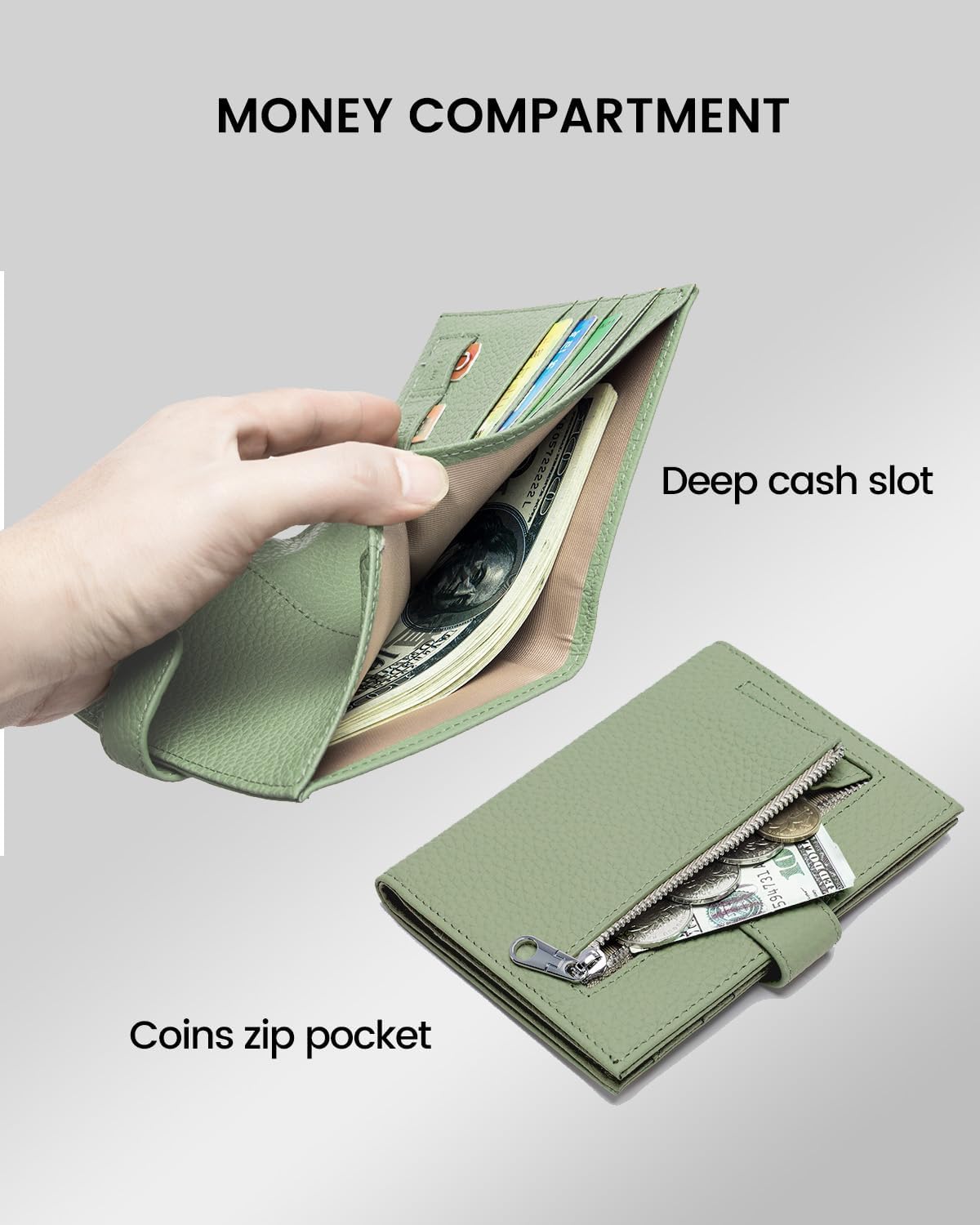 RFID Slim Passport Holder for Women, Compact Leather Passport Wallet with Card Holders SIM Slots,Zippered Coins Pocket and Cash Compartment Travel Passport Cover Case, Light Green