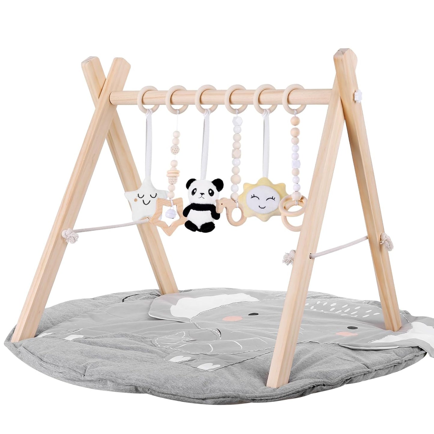 Wooden Baby Play Gym with Mat,Foldable Activity Gym for Newborns 0-12 Months,6 Hanging Sensory Toys for Infant Development,Montessori Toys for Baby Boys & Girls Shower Gift (Elephant)