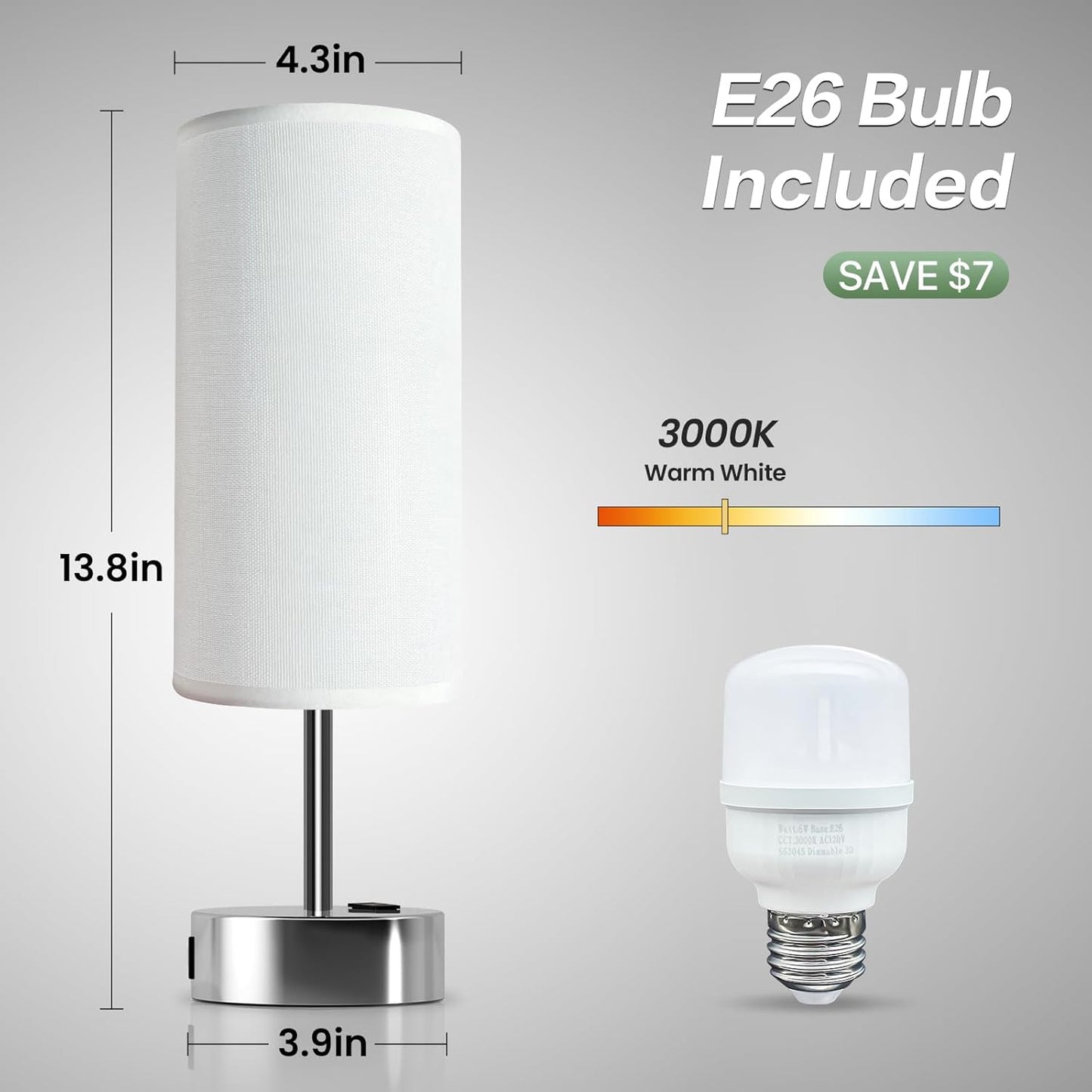 KPQ Small Bedside Lamp Touch Control Table Lamp with USB A+C Charging Ports & AC Outlet 3-Way Dimmable Nightstand Lamp with Linen Fabric Shade for Bedroom Living Room