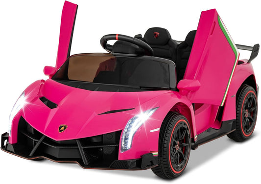 Costzon Pink Lamborghini Ride on Car, 12V Battery Powered 4WD Lambo Kids Car with Remote Control, 3 Speeds, Dual Doors, LED Lights, Horn, Music, Licensed Electric Vehicle for Toddlers Girls Kids Gift