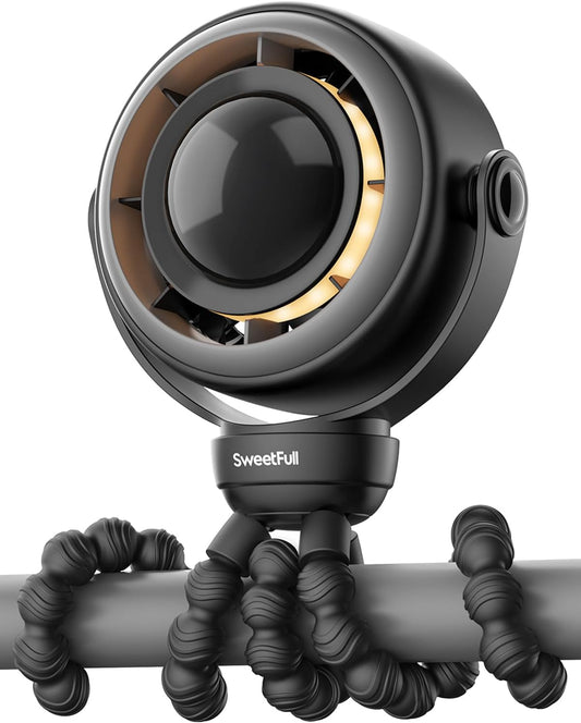 SWEETFULL Baby Stroller Fan - 4000mAh Rechargeable 4-Speed Quiet with LED Display & Night Light, Mini Portable 360° Clip On Safe Fan for Car Seat, Crib, Travel - Black