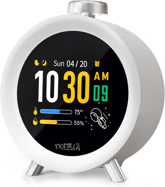 MOMILLA Alarm Clock for Heavy Sleepers, Colorful Screen Temperature, Loud 7-Day Programmable 4 Alarms, Small Clocks Bedrooms for Kids Adults Boys Girls, Easy to Set, Digital White Noise, Hourly Chime