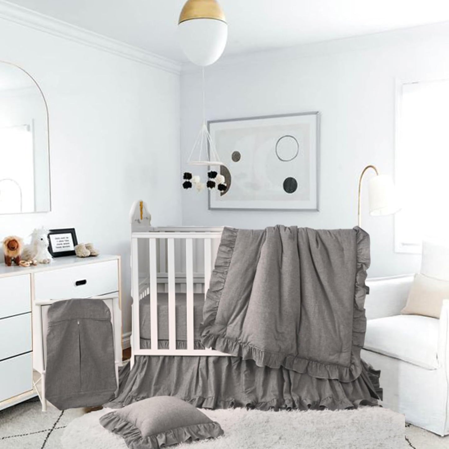 Brandream Baby Crib Bedding Set for Girls Boys Gender Neutral Boho Bohemian Farmhouse Chic Ruffle 6-Piece Nursery Bedding Set - 100% Washed Cotton Gray Grey