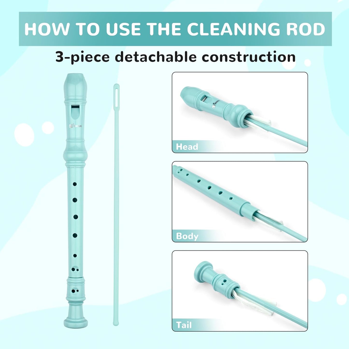 SWAN Soprano Recorder Instrument for Beginners Kids Student - German Fingering 8 Hole Flute Detachable 3pcs ABS Descant Recorders with Cleaning Rod and Fingering Chart, SW8K, Baby Blue