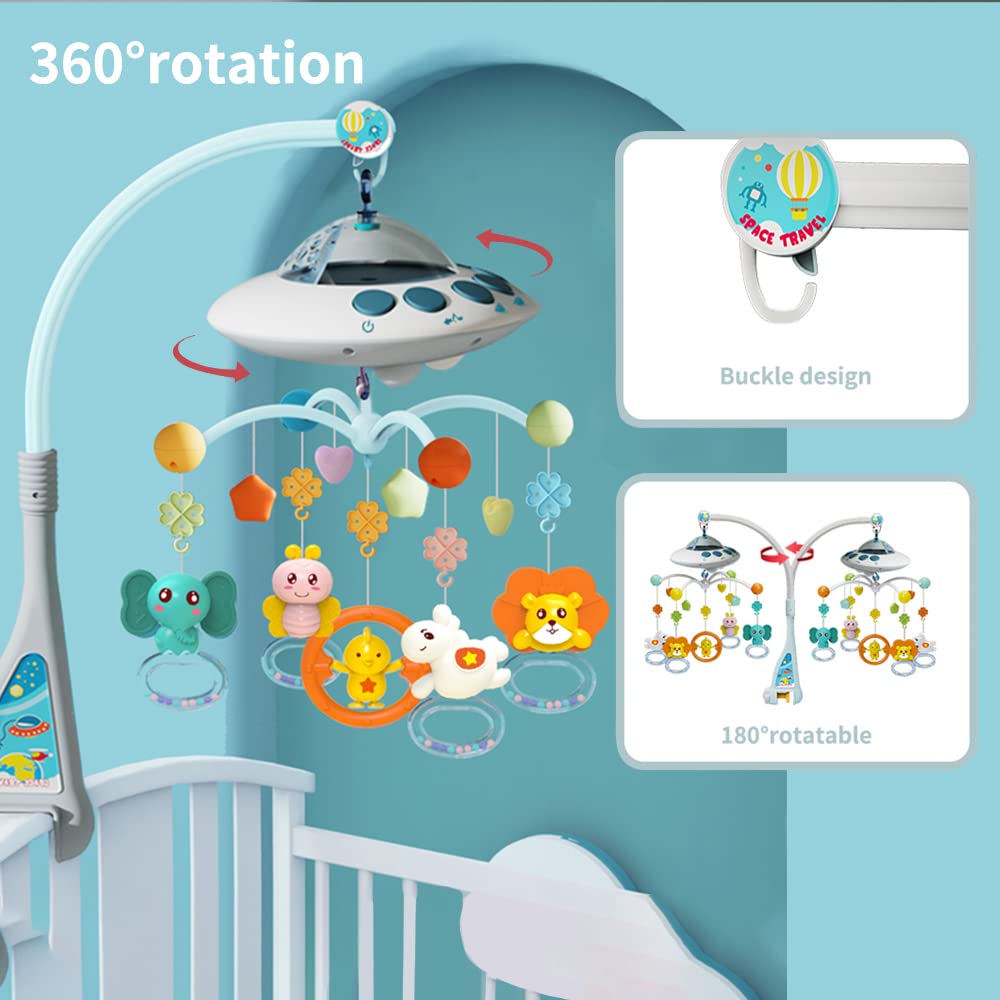 Baby Musical Crib Mobile with Night Lights and Relaxing Music,Hanging Rotating Animals Rattles,Stars Projection,Remote Control,for Boy Girl Newborn Baby Toys（Blue）