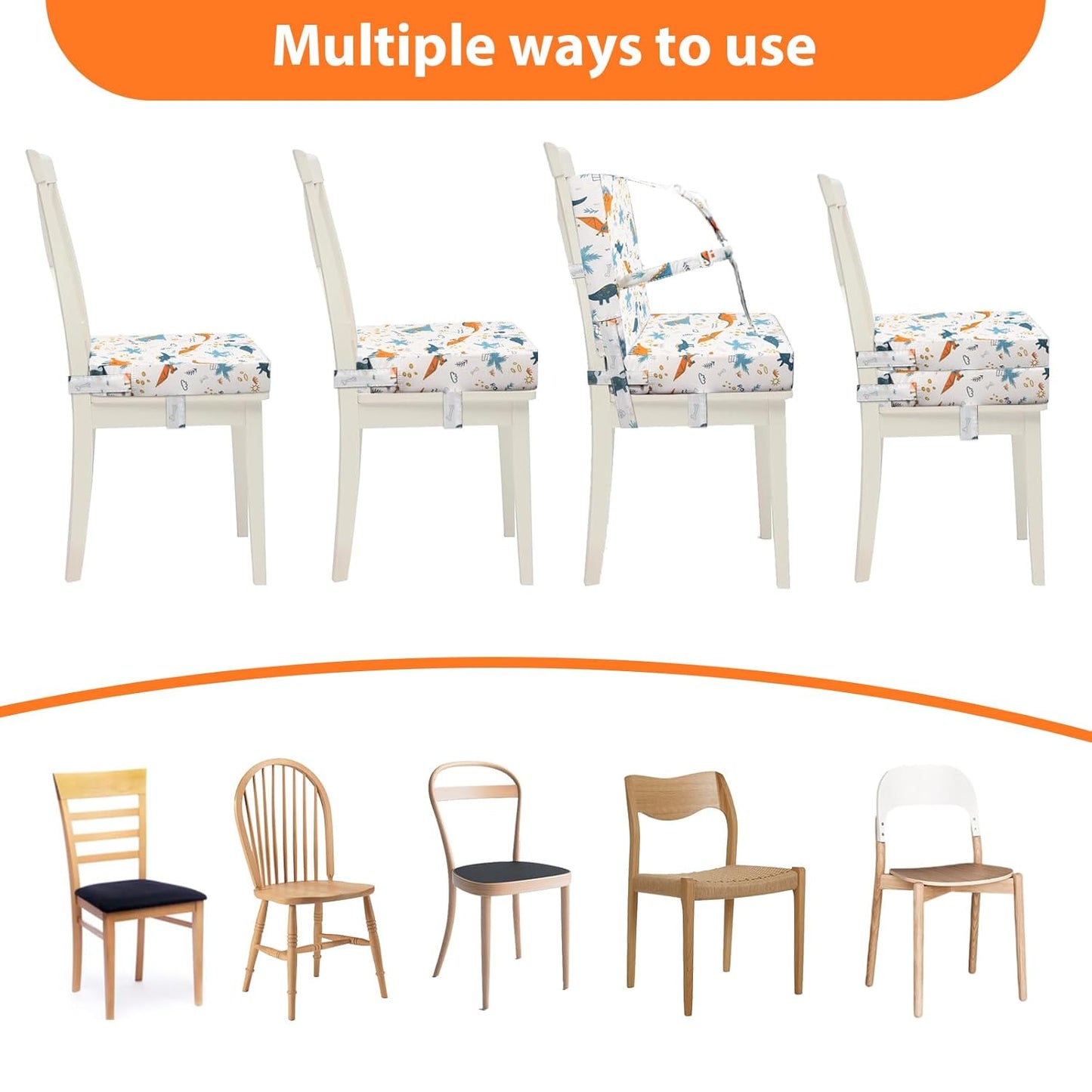 Toddler Booster Seat for Dining Table, Adjustable 5 Point Safety Buckle Kids Toddler Booster Seat with Backrest, Waterproof Non-Slip Bottom Portable Travel Increasing Cushion for Chair (White)