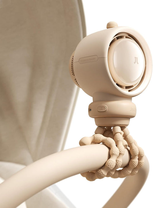 JISULIFE Stroller Fan Baby Large, Safe Bladeless for Crib, Desk, Portable Battery Rechargeable Cooling Fan with Air Turbo Tech, Night Light, Food-Grade Gift for Mom/Dad/Friend - Brown