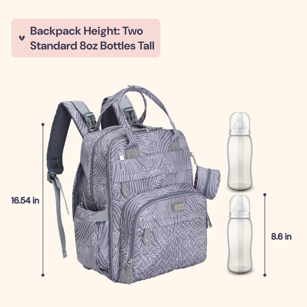 BabbleRoo Diaper Bag Backpack - Baby Essentials, Travel Essentials Baby Bag with Changing Pad, Stroller Straps & Pacifier Case - Unisex, Gray Swirls
