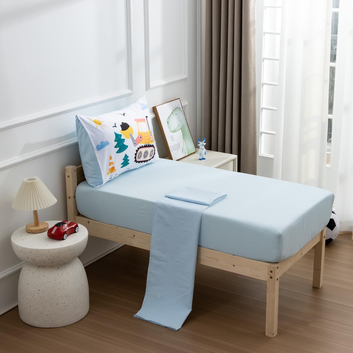 NTBED 4 Pieces Construction Toddler Bedding Set for Baby Boys, Truck Vehicles Excavator Cars Printed, Includes Comforter, Flat Sheet, Fitted Sheet and Pillowcase,Light Blue