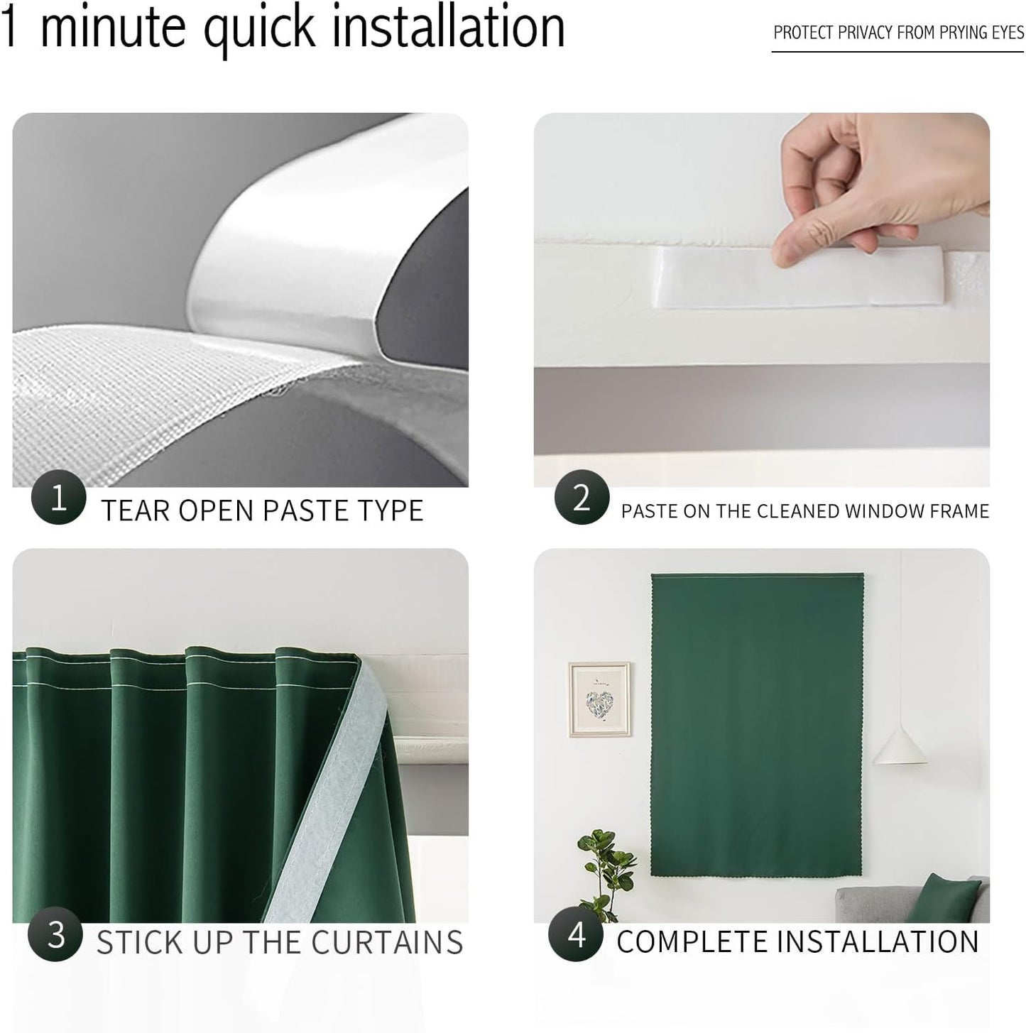 Blackout Curtains for Bedroom Stick On Curtains Window Shades Pull Down Blackout Window Cover No Drillng Self Adhesive Curtains No Rod Small Curtain, 35" W X 71" L, Dark Green, 1 Panel