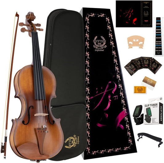 Rhythm Violin Set for Beginners,Acoustic Violins Starter Kit Package for Student,Beginners Fiddle with Hard Case, Rosin, Shoulder Rest, Bow, and Extra Strings (MATTE, Full)