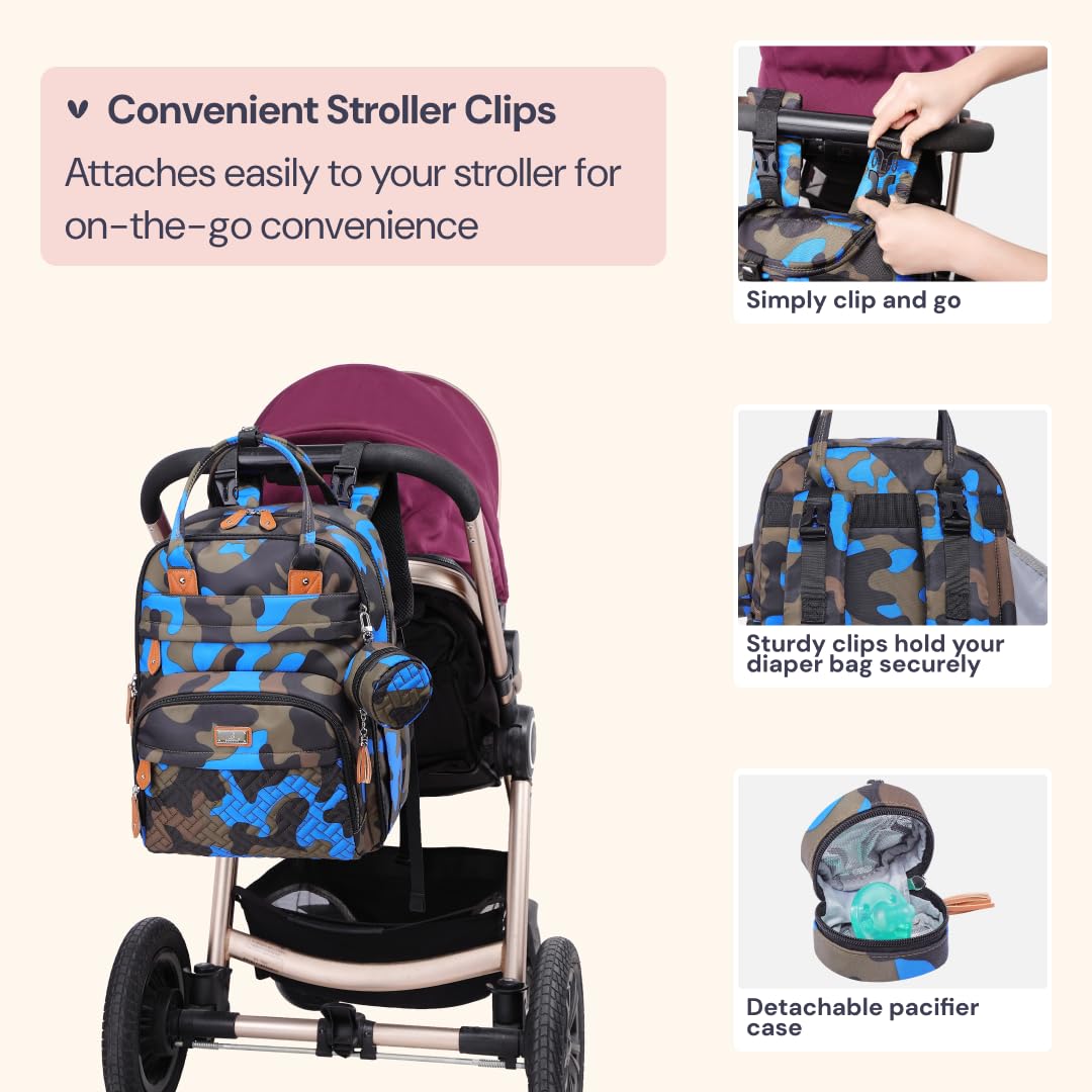 BabbleRoo Diaper Bag Backpack - Baby Essentials Travel Tote - Multi function Waterproof Diaper Bag, Travel Essentials Baby Bag with Changing Pad, Stroller Straps & Pacifier Case - Unisex, Blue Camo