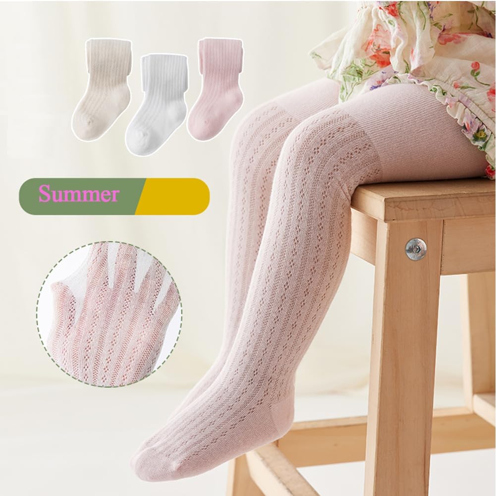 CHUNG Baby Girls Cotton Tights Thin Hollowed Summer with Bowknot Mesh Lace Fashion Toddler Footed Legging Pantyhose