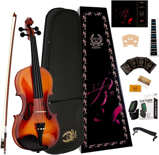 Rhythm Violin Set for Beginners,Acoustic Violins Starter Kit Package for Student,Beginners Fiddle with Hard Case, Rosin, Shoulder Rest, Bow, and Extra Strings (NATURAL, 1/2)