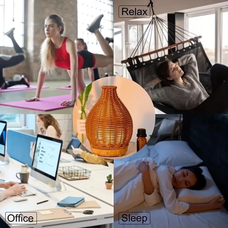 Aromatherapy Essential Oil Diffuser Rattan Woven Aroma Diffuser with Warm Light 80ML Cool Mist Humidifier Waterless Auto Shut-off for Home,Baby Bedroom,Office