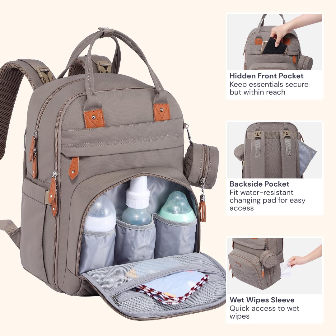 BabbleRoo Diaper Bag Backpack - Baby Essentials Travel Tote - Multi Function Waterproof Diaper Bag, Travel Essentials Baby Bag with Changing Pad, Stroller Straps & Pacifier Case - Unisex, Khaki