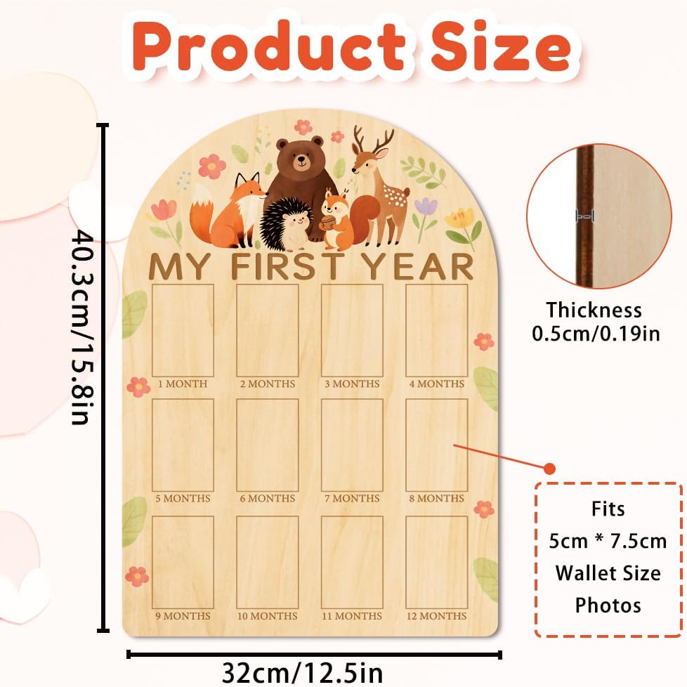 ORIGACH My First Year Baby Growth Photo Display Wood Board - 12 Months Newborn Milestones Photo Board - Neutral Baby Keepsake Frame 1st Birthday Party Nursery Decor New Mom Gift - Forest Animals