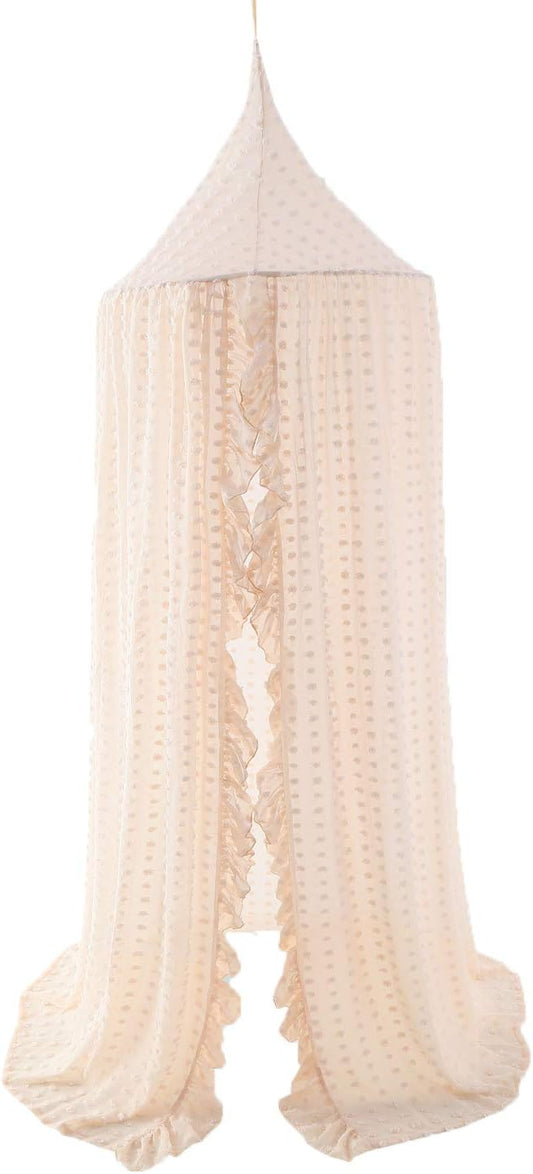 Wonder Space Elegant Kids Bed Canopy - Lace Chiffon Netting with Pom Pom, Princess Girls Fairy Dream Tent, Nursery Room Baby Crib Hanging Curtain Mosquito Net Children Reading Nook Decoration (Beige)