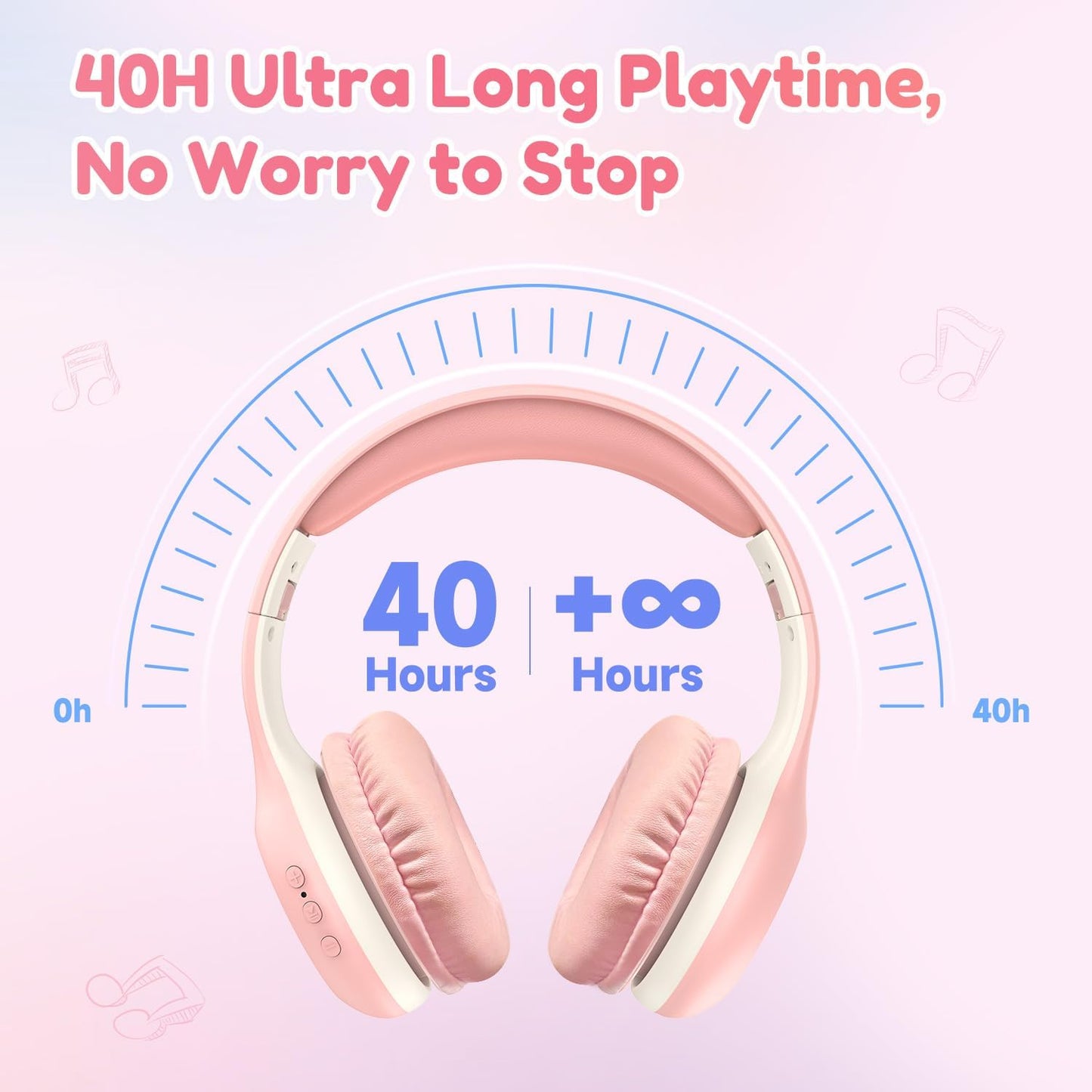 EarFun K2 Kids Bluetooth Headphones, Kids Headphones with Volume Limited, 40H Playtime, Built-in Mic, Stereo Sound, Foldable Over-Ear Headphone for School/Travel/iPad/Tablet, Pink