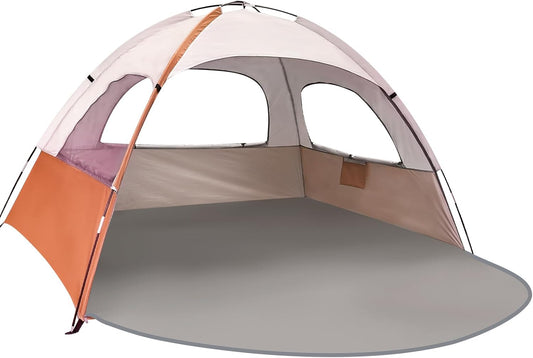 NXONE Beach Tent Sun Shade Shelter for 3/4/6 Person Person with UV Protection, Extended Floor, 3 Mesh Roll Up Windows & 8.0/8.5mm Fiberglass Rods丨Carry Bag Included