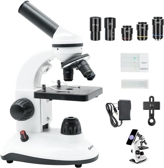 Microscope for Kids Starter Adults 64X-1280X Metal Monocular Microscope for Students School Home Education LED Lights Phone Holder Microscope Kit