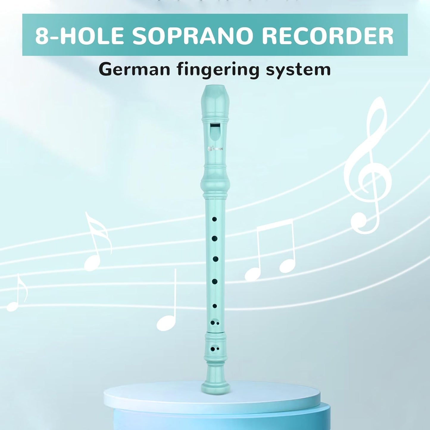 SWAN Soprano Recorder Instrument for Beginners Kids Student - German Fingering 8 Hole Flute Detachable 3pcs ABS Descant Recorders with Cleaning Rod and Fingering Chart, SW8K, Baby Blue