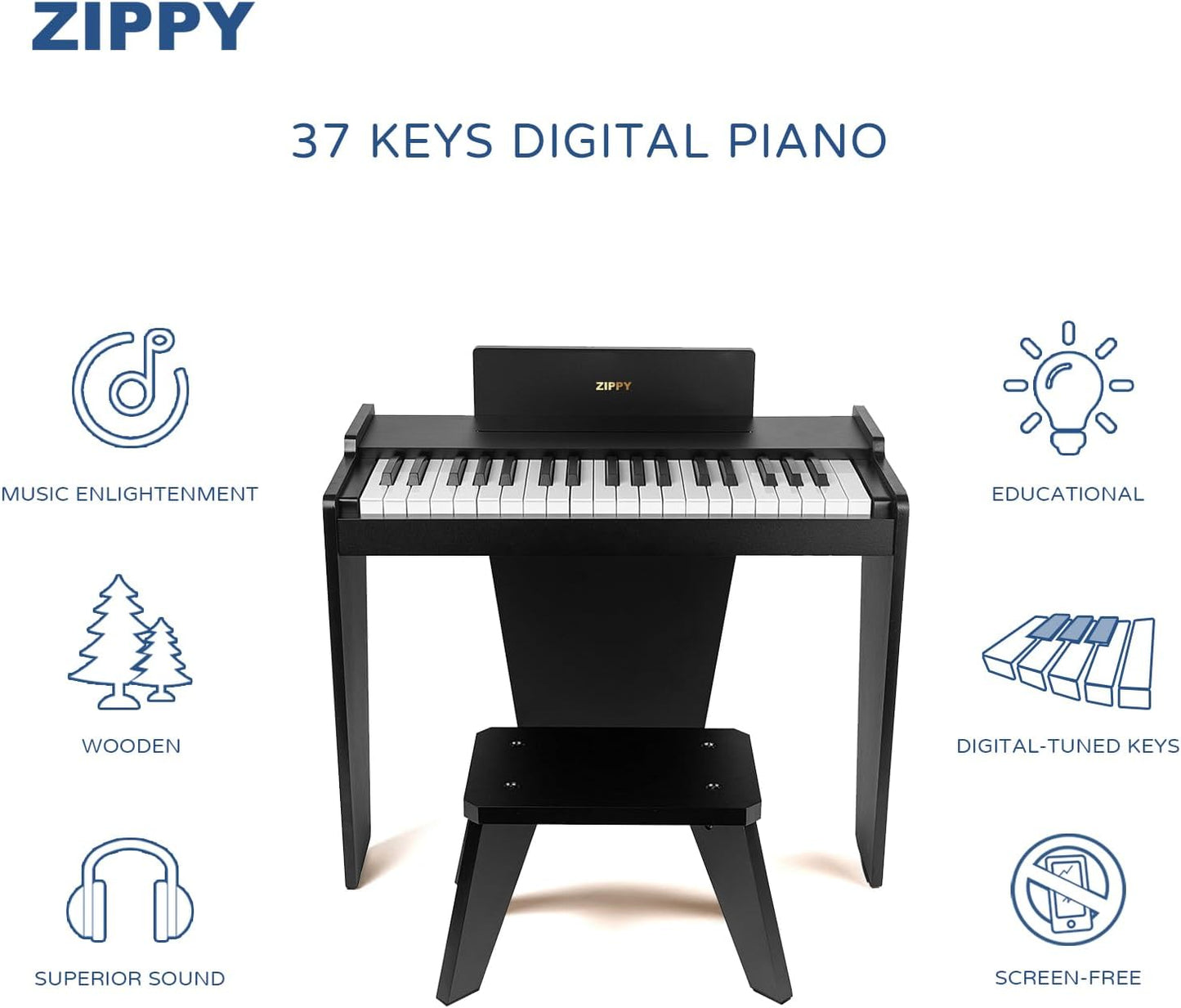 ZIPPY Kids Piano Keyboard, 37 Keys Digital Piano for Kids, Music Educational Instrument Toy, Wood Piano for 3+ Girls and Boys (Black Basic)