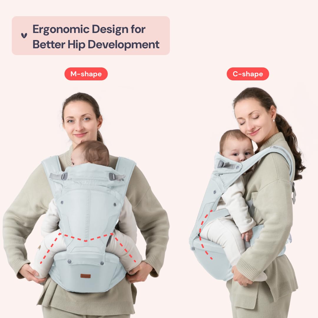 BabbleRoo Grow Carrier – Safety-Certified 6-in-1 Baby Carrier with Hip Seat, Ergonomic & Adjustable Toddler Carrier 7-50 lbs with Hip Support, Hood for Sun Protection, Newborn to Toddler, Seafoam