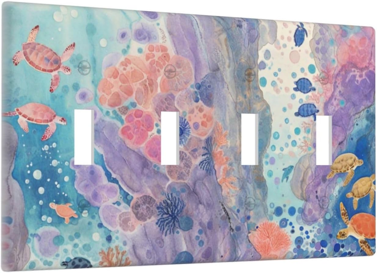 Turtle Coral Fish Watercolor Colorful Underwater World Light Switch Covers Quad Toggle Electrical Faceplate 4 Gang Wall Plate Decorative Switch Plates for Kids Room Home Decor