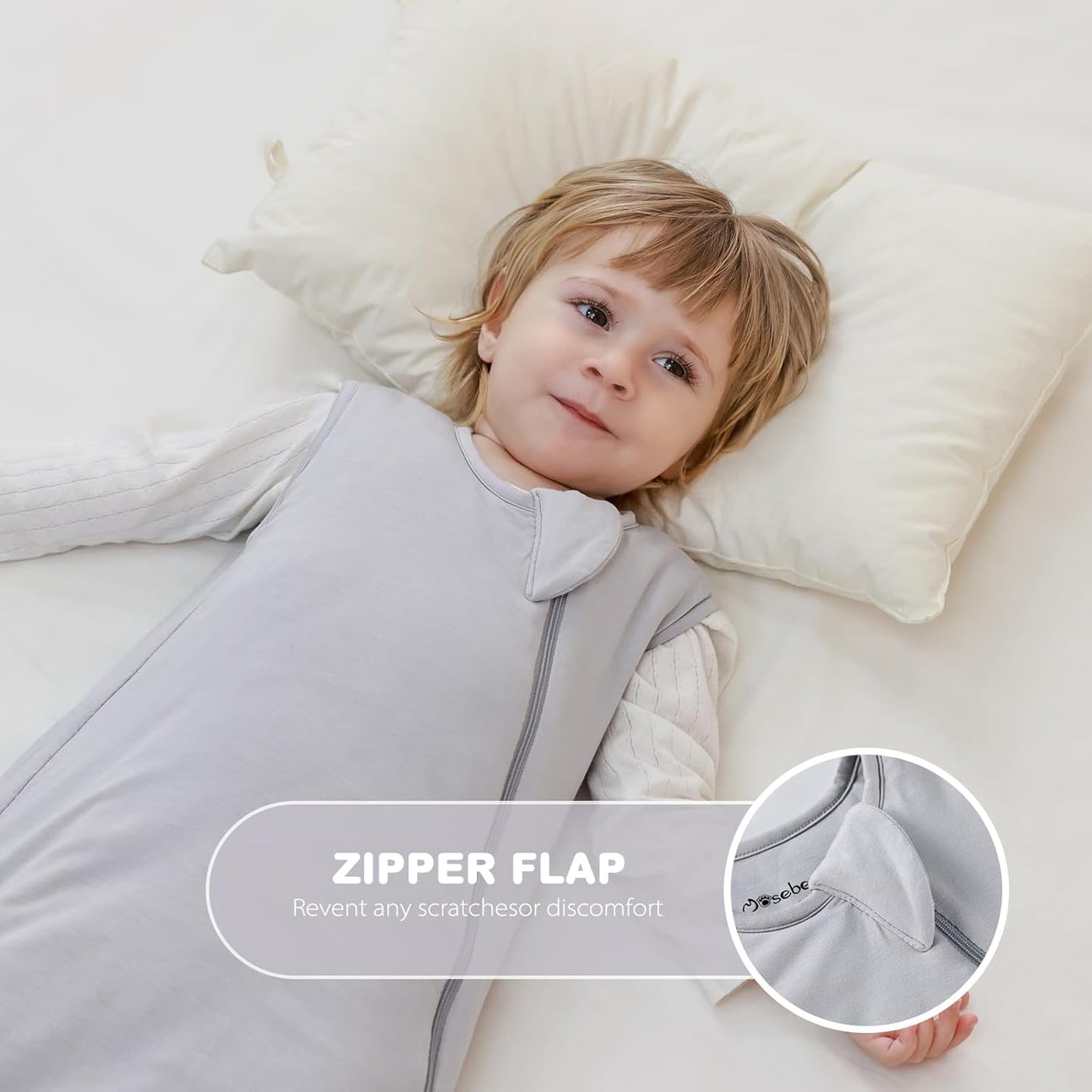 Mosebears Unisex Baby Sleep Sack 1.0 TOG, Supersoft Rayon Made from Bamboo Wearable Blanket with 2-Way Zipper (Light Grey,6-18 Months)