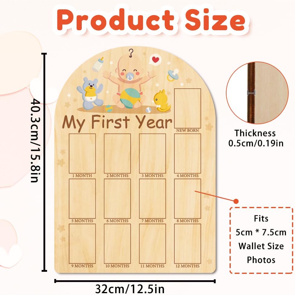 ORIGACH My First Year Baby Growth Photo Display Wood Board - 12 Months Newborn Milestones Photo Board - Neutral Baby Keepsake Frame 1st Birthday Party Nursery Decor New Mom Gift - Baby Bear & Duck