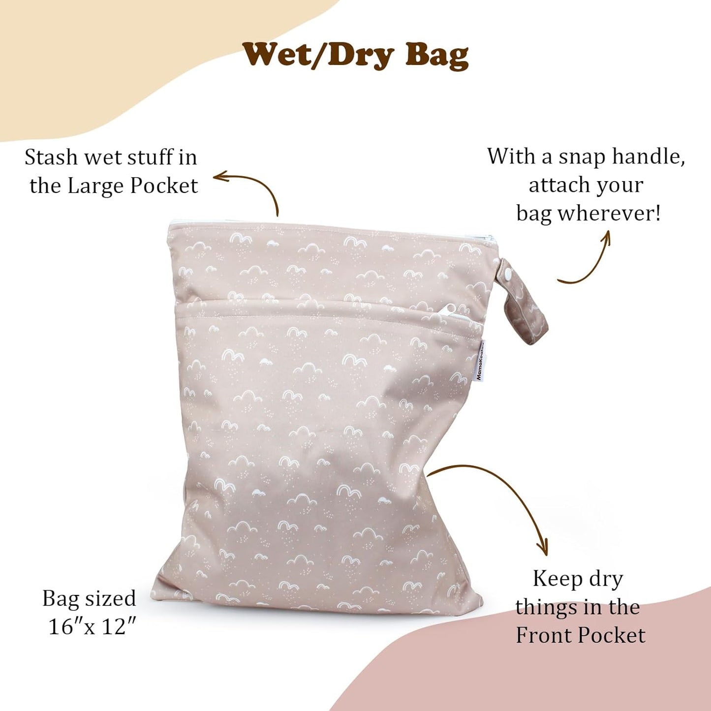 Mama Koala Waterproof Wet Dry Bags for Baby Items, Cloth Diapers, Swimsuits, Travel, Gym Clothes, Beach, Pump Parts, Toiletries, Two Zippered Pockets, 2 Pack (W016)