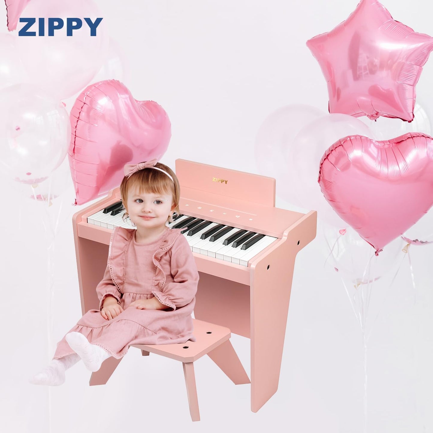 ZIPPY Kids Piano Keyboard, 37 Keys Digital Piano for Kids, Touch Sensitive Control Panel, Built-in Songs, Volume Adjustable, Music Educational Instrument, Wood Piano for 3+ Girls and Boys (Pink Plus)