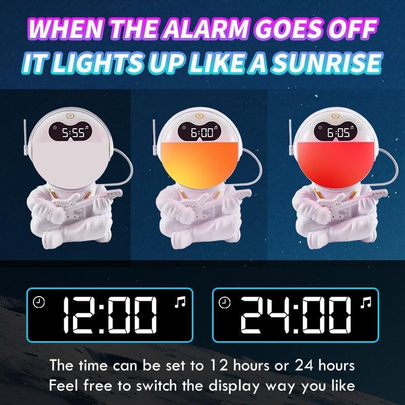 Astronaut Kids Sunrise Alarm Clock, 7 Dimmable Light Wake Clock for Teens, White Noise Bluetooth Speaker with 9 Soothing Sounds, Best Modern Alarm Clock for Heavy Sleepers, Adults, Boys in Bedroom