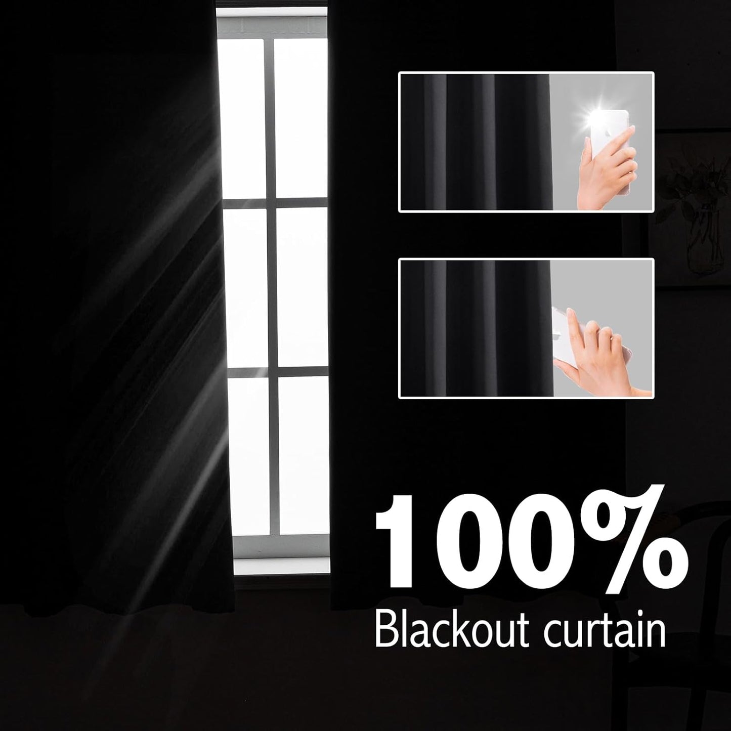 Anytime 100% Blackout Curtain Set, Thermal Insulated & Energy Efficiency Window Draperies for Guest Room, Full Shading Panels for Shift Worker and Light Sleepers（Black, 2 Panels, 42W x 45L）