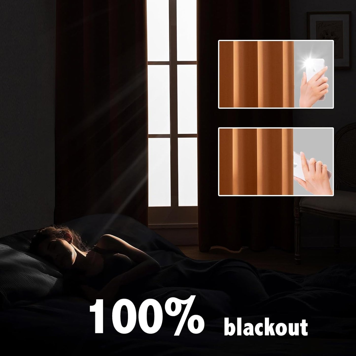 Anytime 100% Blackout Curtain Set, Thermal Insulated & Energy Efficiency Window Draperies for Guest Room, Full Shading Panels for Shift Worker and Light Sleepers（Orange, 2 Panels, 52W x 95L）