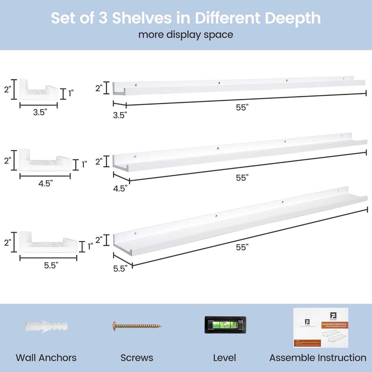 Picture Ledge Shelf for Wall, 56 inches Solid Pine Wood Nursery Book Shelves 3 Packs, Floating Ledge Shelves for Kids' Room Bedroom Bathroom Long Floating Shelves for Wall Nursey Wall Decor, White