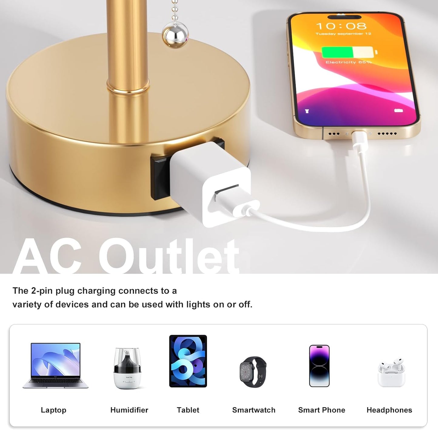 Gold Bedside Table Lamps Set of 2-3 Color Temperatures Pull Chain Lamp with AC Outlet Charging Port, Two Round Night Stand Lamps for Bedroom Office Living Room