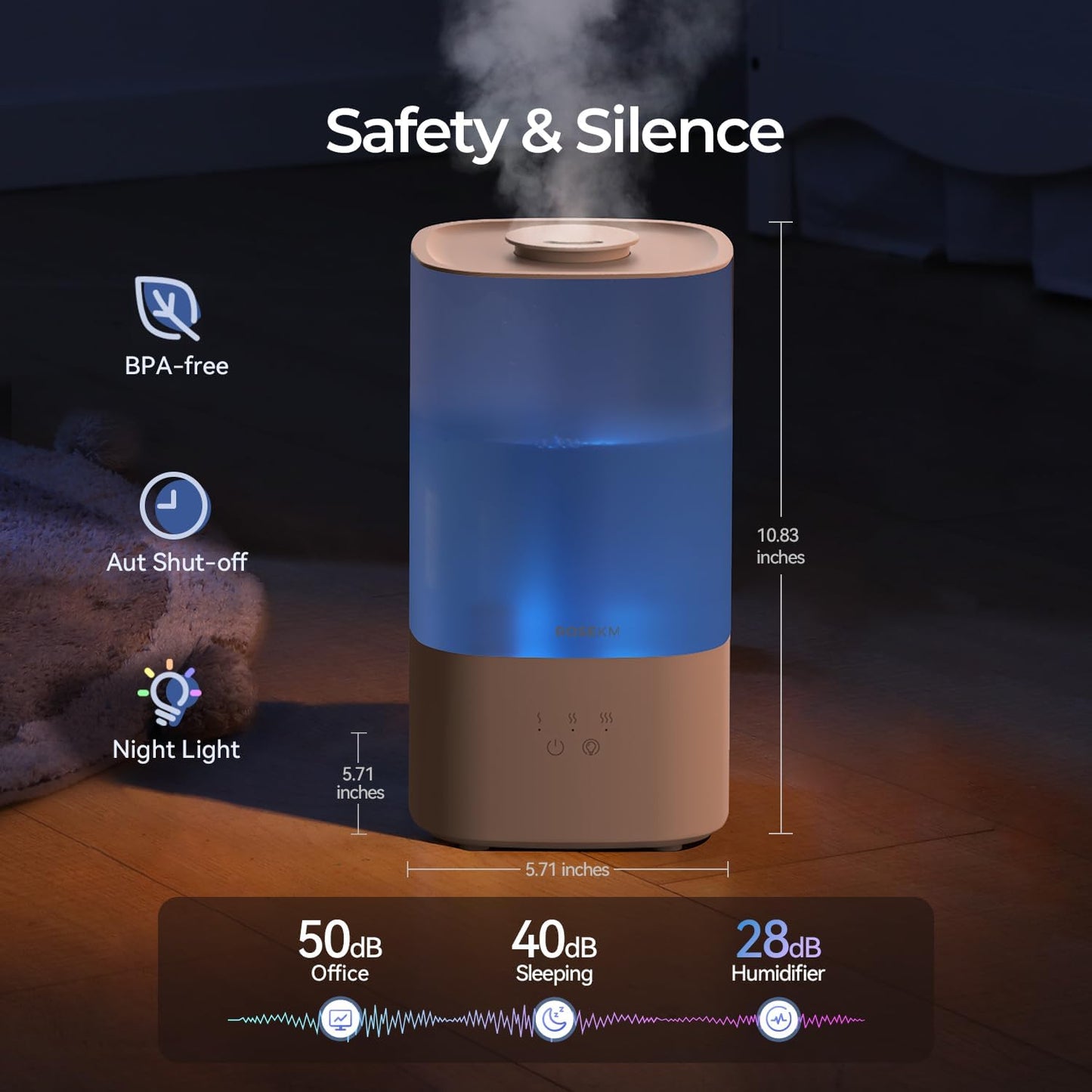 Humidifiers for Bedroom, Top Fill 2.5L Cool Mist Humidifiers for Large Room, Easy to Fill & Clean, 30H Runtime, 28dB Quiet Air Humidifier for Plants, Baby Nursery, Indoor with Night Light